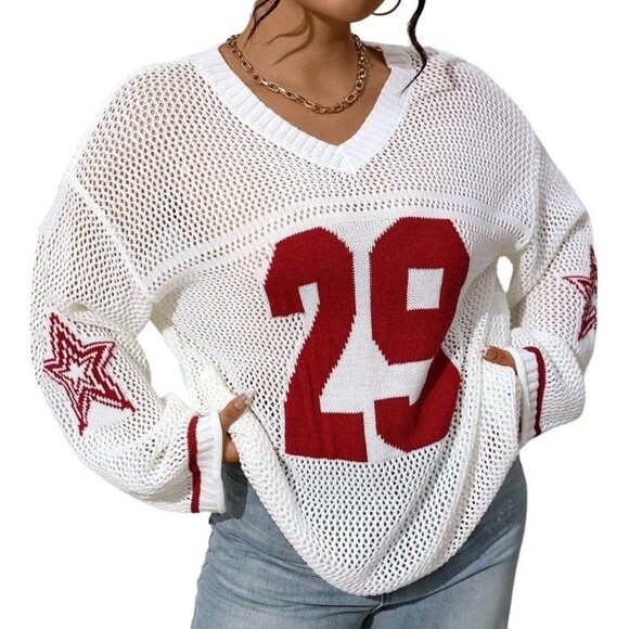 Oversized Jersey Shirt Graphic V Neck Crochet Pullover Sweater Xl - Picture 1 of 6